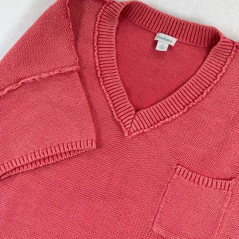 Sundance XL Coral‎ Pink 100% Cotton Chunky Knit V-Neck Short Sleeve Sweater